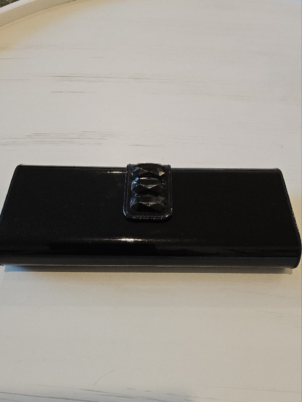 Lancome Black Patent Clutch with Faceted Gem Accent